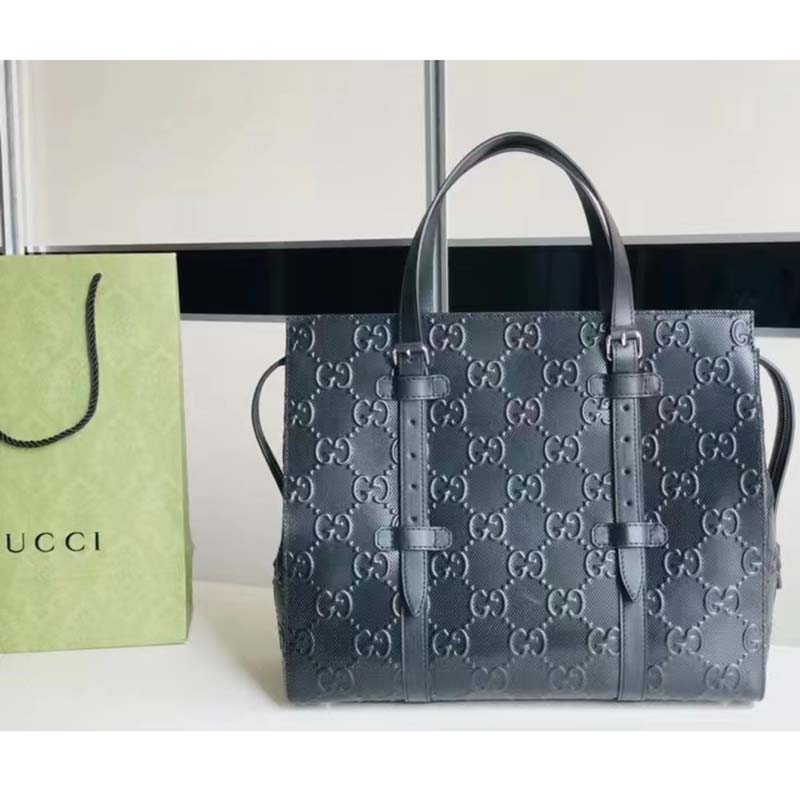 Gucci Unisex GG Embossed Tote Bag Black Leather Cotton Linen Lining
