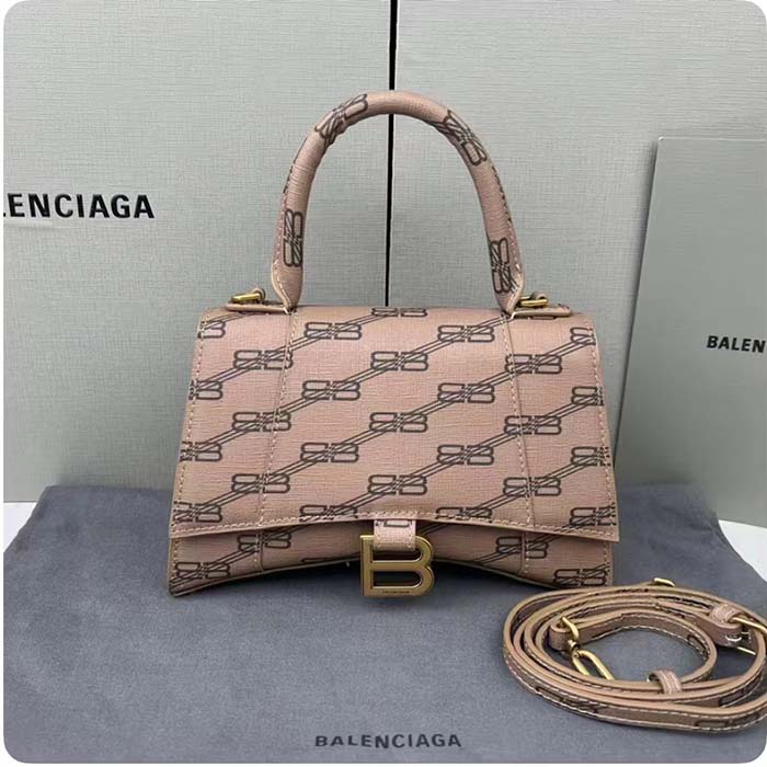 Balenciaga Women Hourglass Small Handbag Beige Brown BB Monogram Coated Canvas