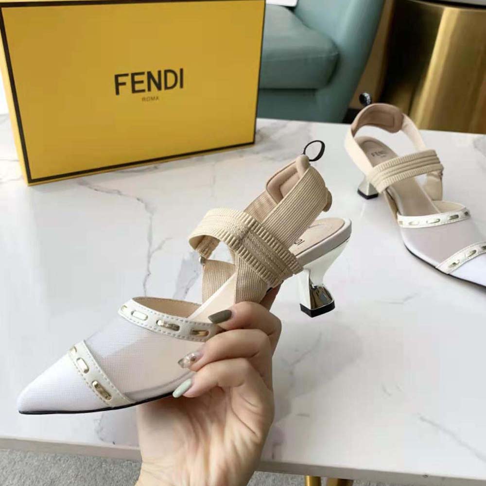 Fendi Women Colibri Pink Mesh Medium-Heel Slingbacks with Metal Stitches