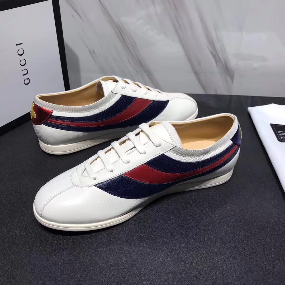 Gucci Men Leather Low-Top Sneaker Shoes with Web Stripe-White