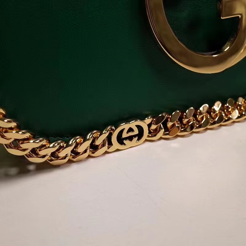 Gucci Women GG Blondie Shoulder Bag Emerald Green Leather Round Interlocking G