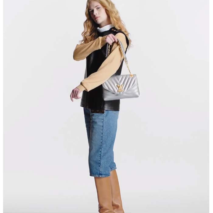 Louis Vuitton LV Women New Wave Chain Bag MM Metallic Gray Quilted Cowhide Leather