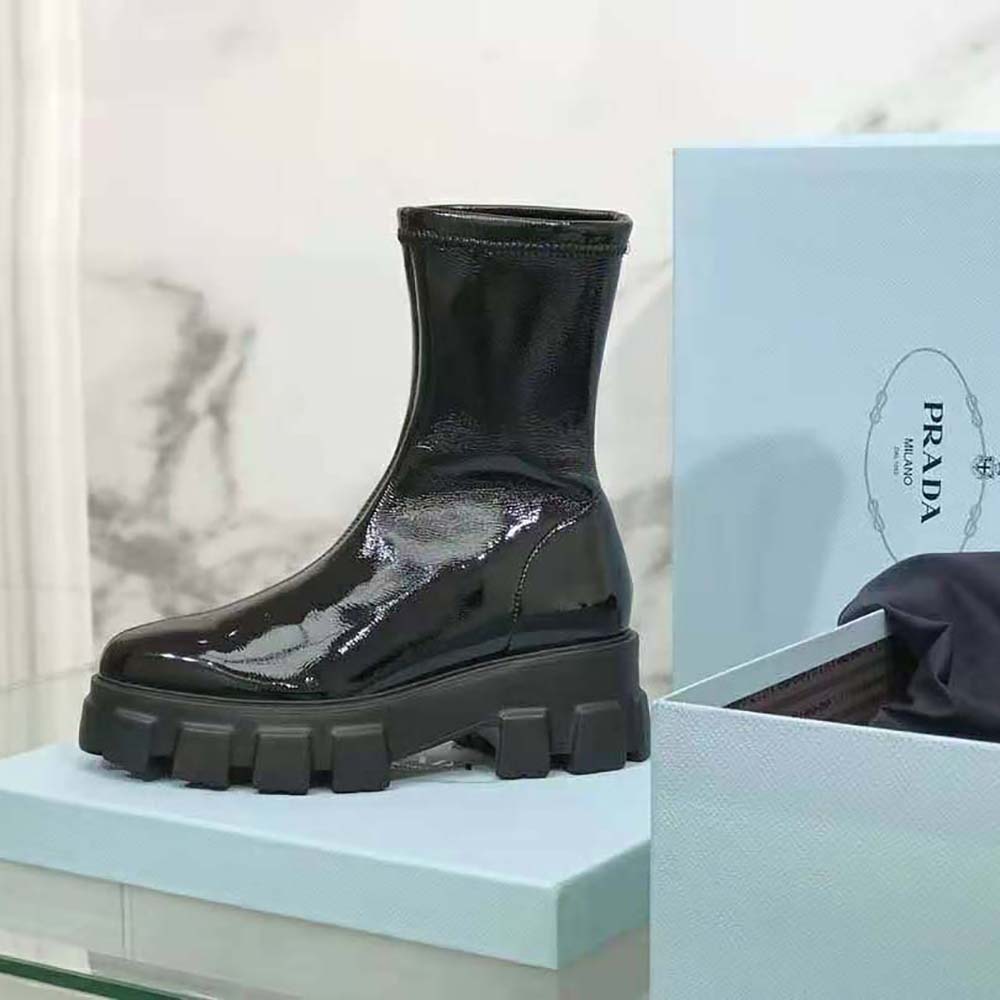 Prada Women Monolith Pointy Technical Patent Leather Booties