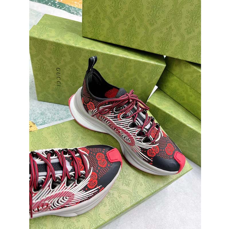 Gucci Unisex GG Run Sneaker Black Red Technical Knit Fabric Rubber Interlocking G