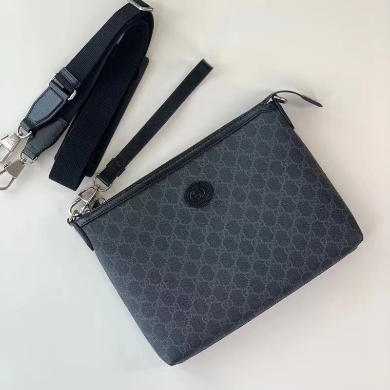 Gucci Unisex Messenger Bag Interlocking G Black GG Supreme Canvas Leather Zip Closure