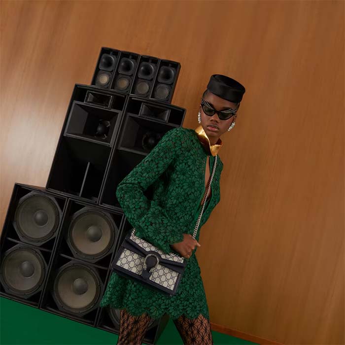 Gucci Women Dionysus GG Small Shoulder Bag Beige Blue Supreme Canvas