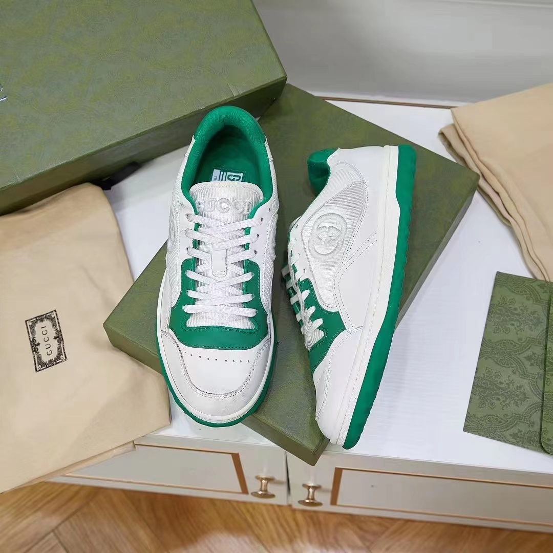 Gucci Unisex GG MAC80 Sneaker Off White Green Leather Round Toe Rubber Flat