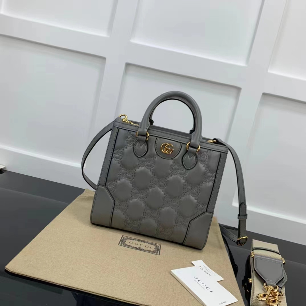 Gucci Women GG Matelassé Mini Top Handle Bag Dusty Grey Leather Double G