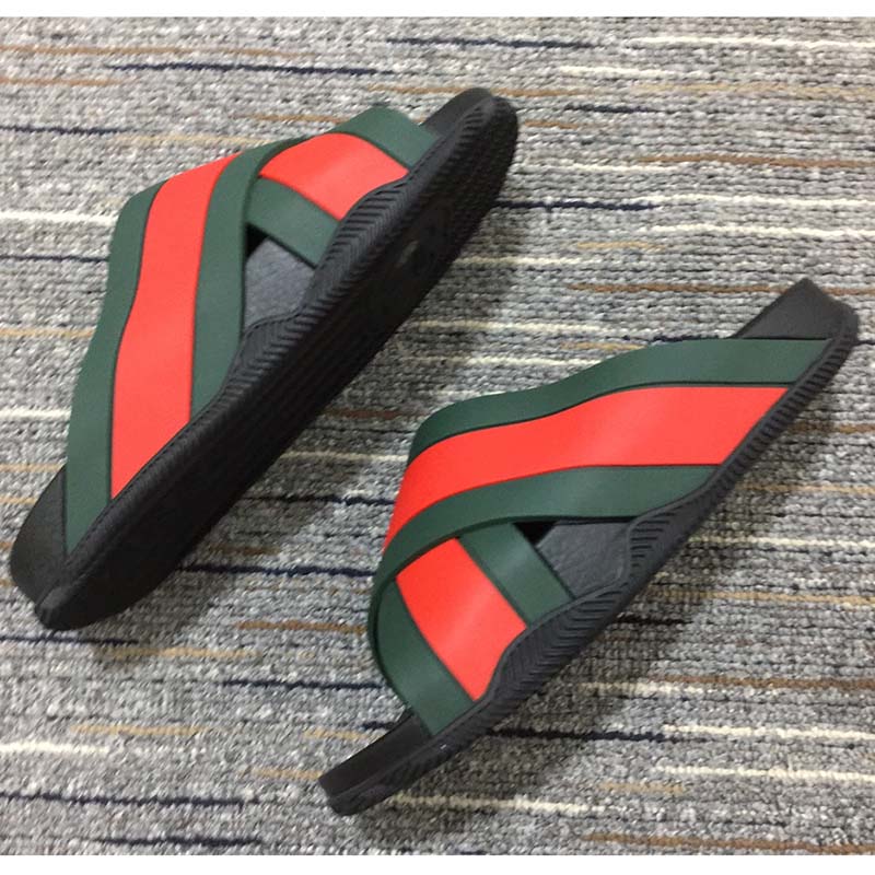 Gucci Unisex Web Slide Sandal Green Red Rubber Web Rubber Sole Low Heel