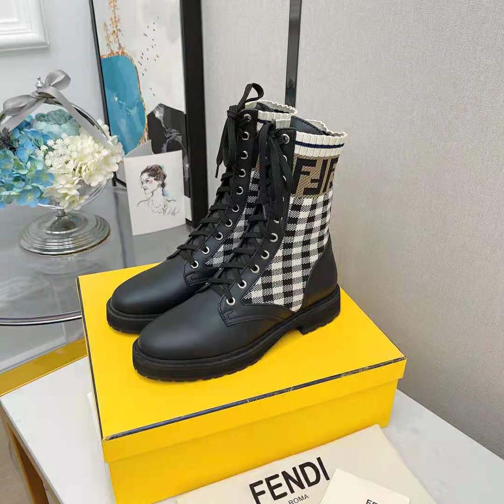 Fendi Women Rockoko Black Leather Biker Boots with Stretch Fabric