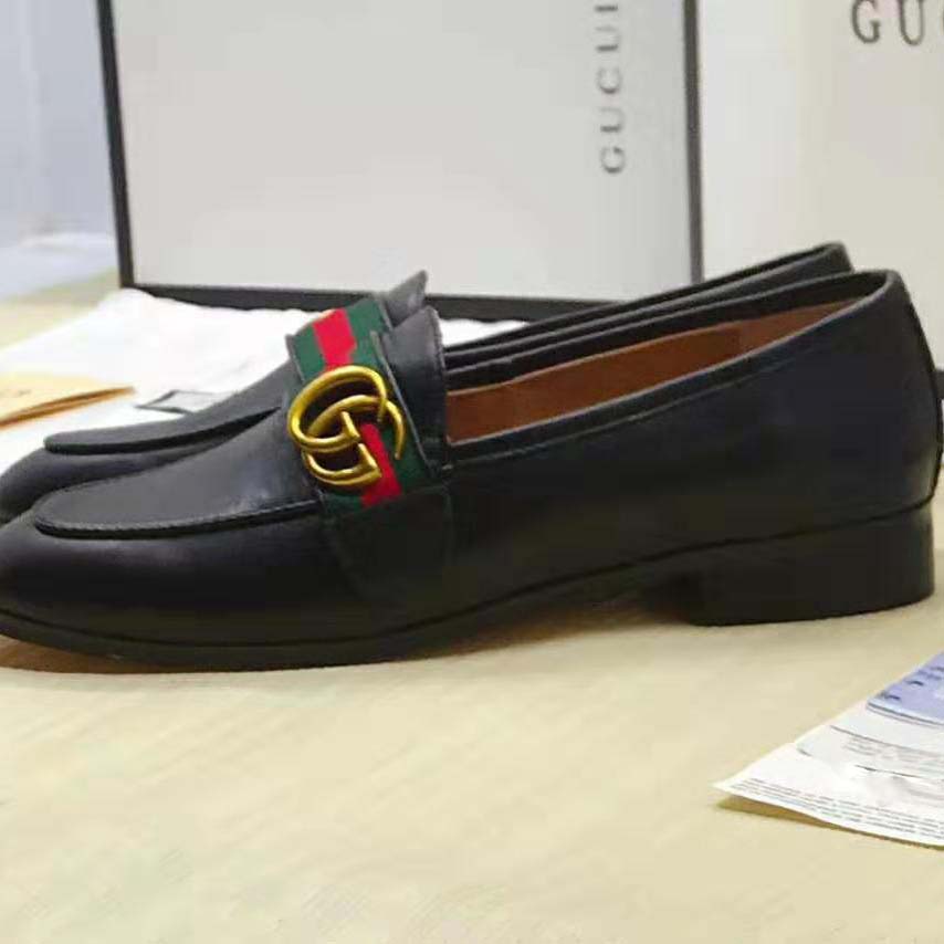 Gucci Men Leather Loafer with GG Web Shoes-Black