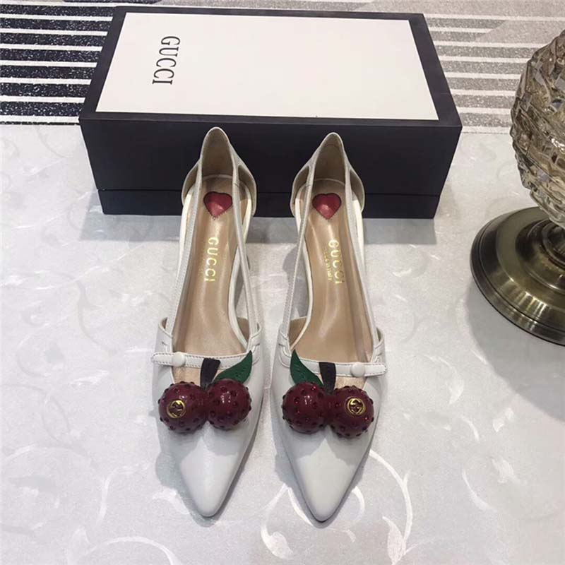 Gucci Women Leather Cherry Pump Shoes-White