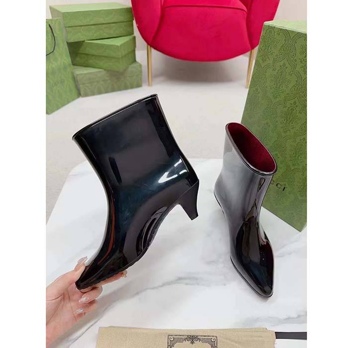 Gucci Women Interlocking G Ankle Boot Black Shiny Rubber Matte Point Toe Low-Heel
