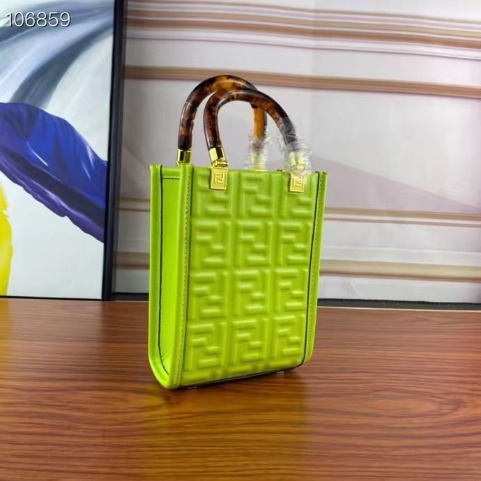 Fendi Women FF Mini Sunshine Shopper Acid Green Leather Mini Bag