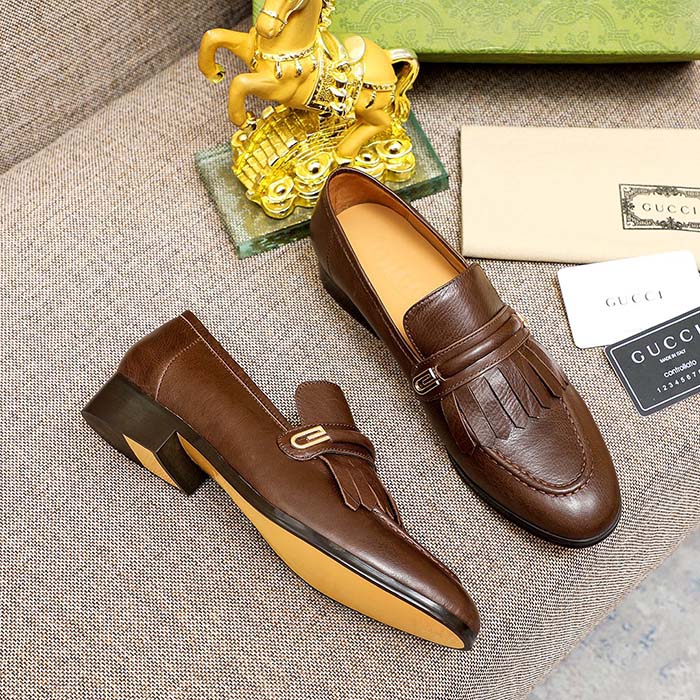 Gucci Men’s GG Loafer Mirrored G Brown Leather Fringe Low 3 Cm Heel