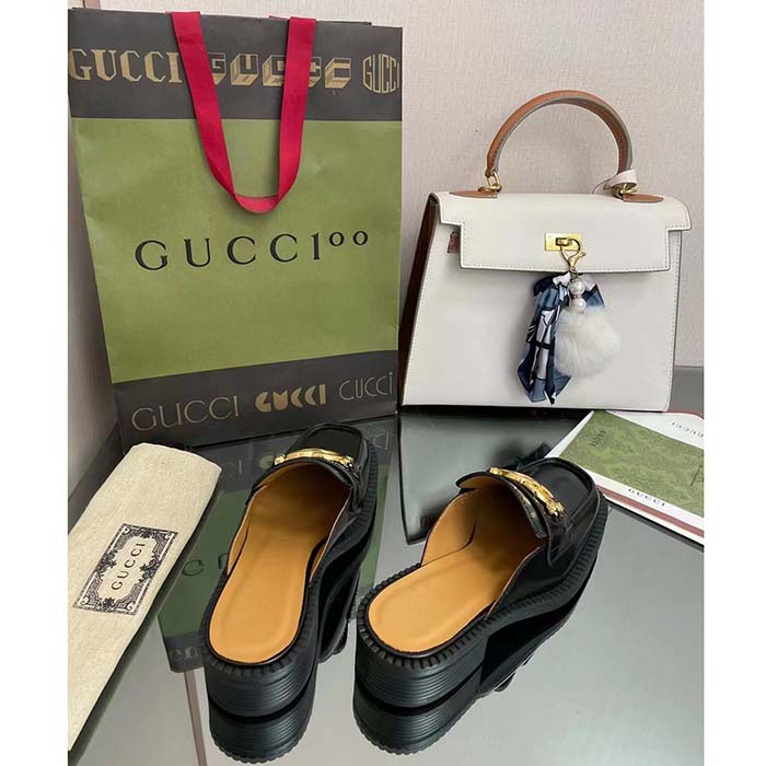 Gucci Unisex GG Slipper Interlocking G Black Leather Low 2.5 Cm Heel