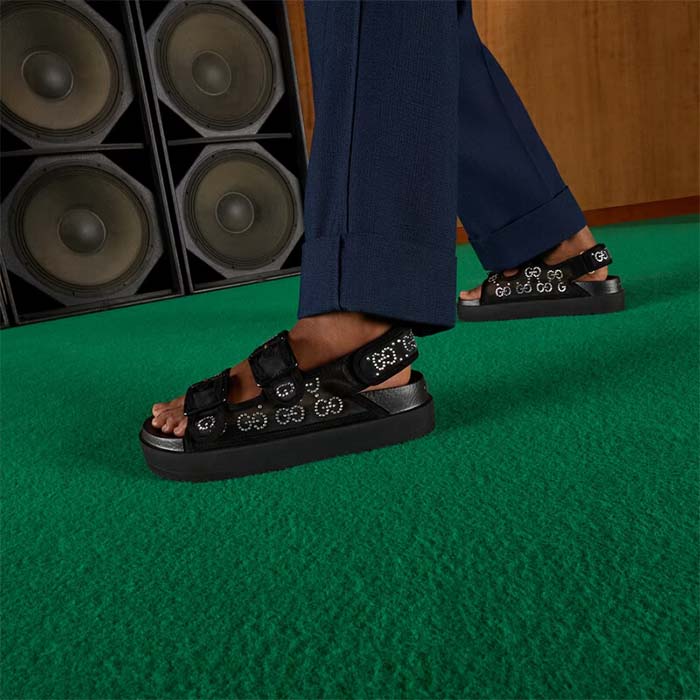 Gucci Women GG Sandal Crystals Black Mesh Tonal Suede Rubber Sole Flat