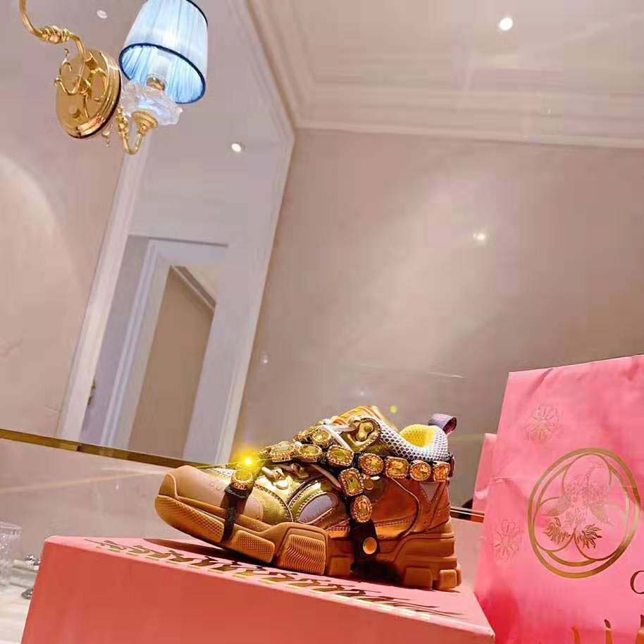 Gucci Women Flashtrek Sneaker with Removable Crystals 5.6cm Height-Gold