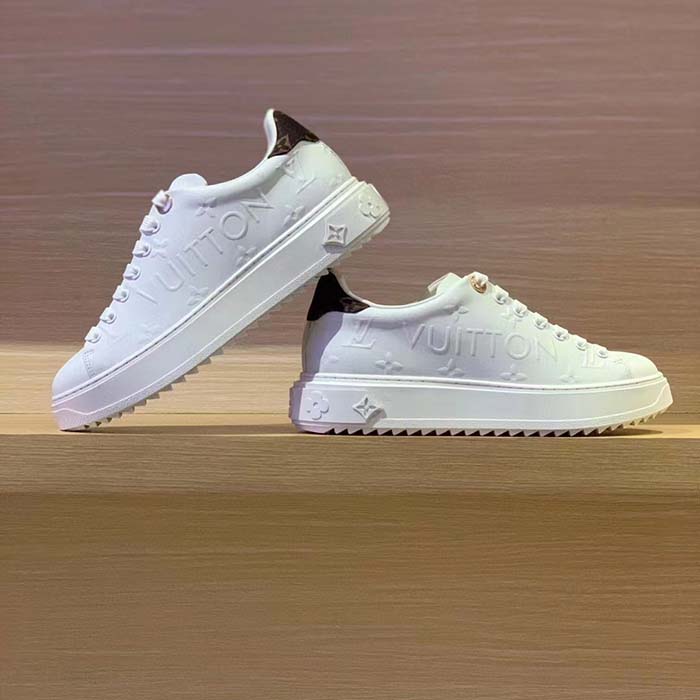 Louis Vuitton Women LV Time Out Sneaker White Debossed Calf Leather Recycled Monogram Nylon