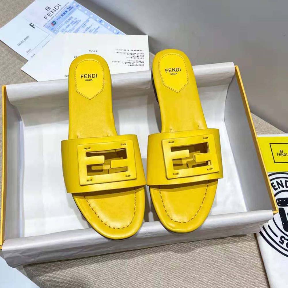 Fendi Women Signature Yellow Leather Slides in 0.4 inches Heel Height