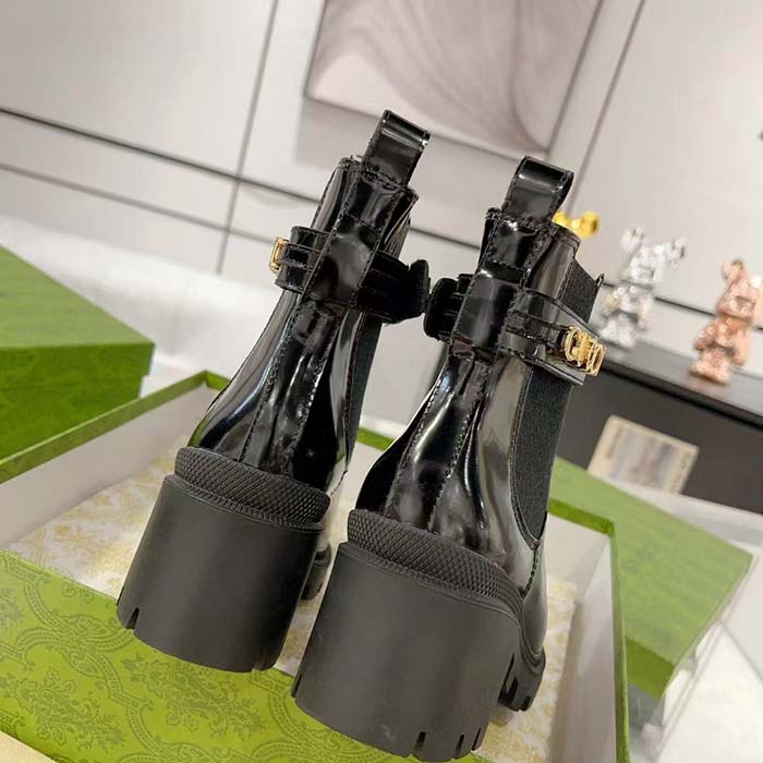 Gucci Women GG Mid-Heel Boot Logo Black Shiny Leather Heel Loop Pull Lug Rubber