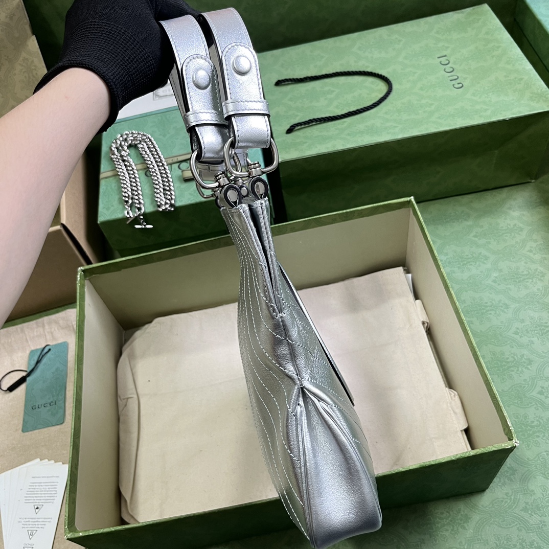 Gucci Women GG Blondie Small Tote Bag Silver Lamé Leather Round Interlocking G