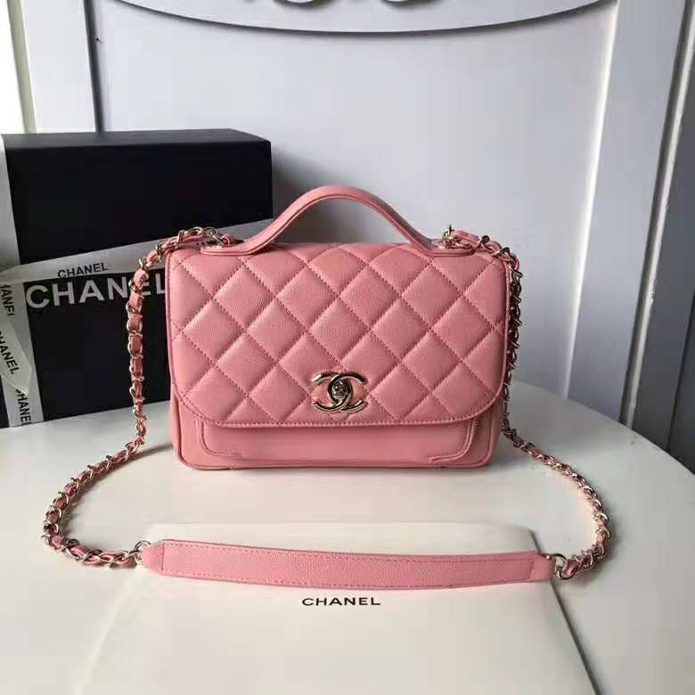 Chanel Women Flap Bag with Top Handle in Grained Calfskin Leather-Pink