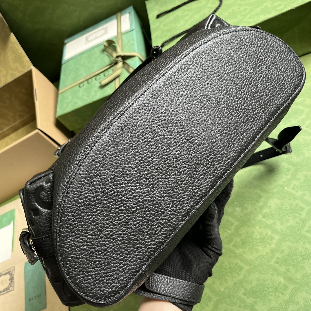 Gucci Unisex Jumbo GG Backpack Black Leather Cotton Linen Top Handle