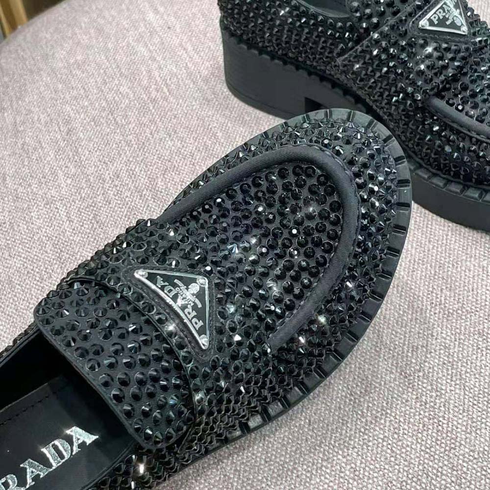 Prada Women Chocolate Satin Loafers with Crystals-Black
