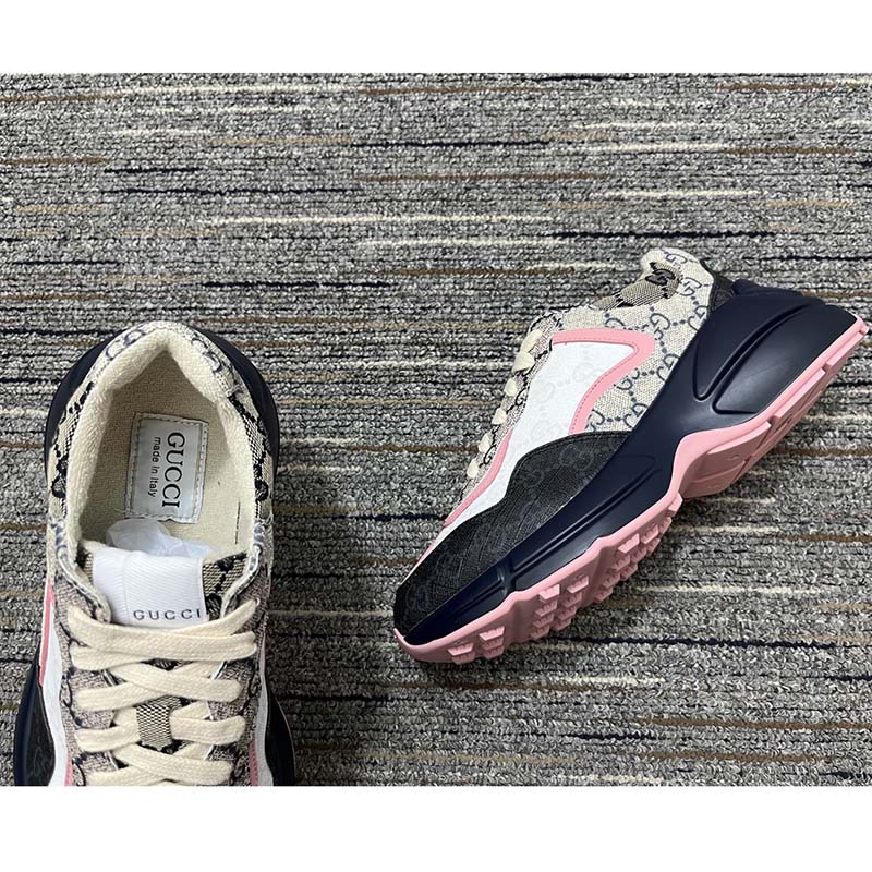 Gucci Unisex Rhyton Sneaker Beige Blue GG Supreme Canvas Rubber Sole Mid Heel