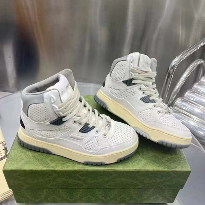 Gucci Unisex High Top Distressed Effect. Sneaker Off White Leather Interlocking G Rubber Flat