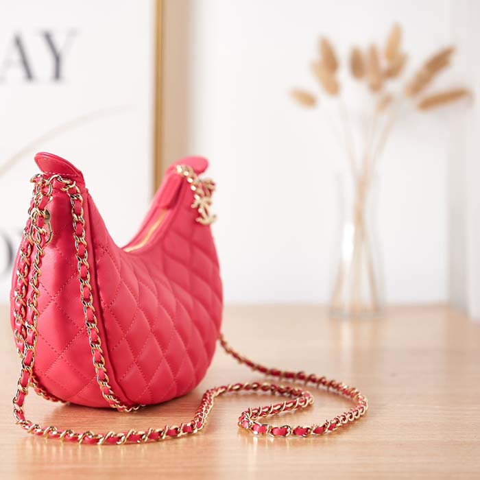 Chanel Women CC Small Hobo Bag Lambskin Shiny Light Gold Metal Pink