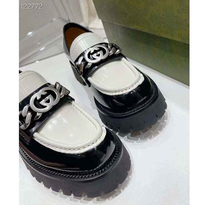 Gucci Women GG Interlocking G Chain Loafer Black White Leather Lug Rubber Sole Flat