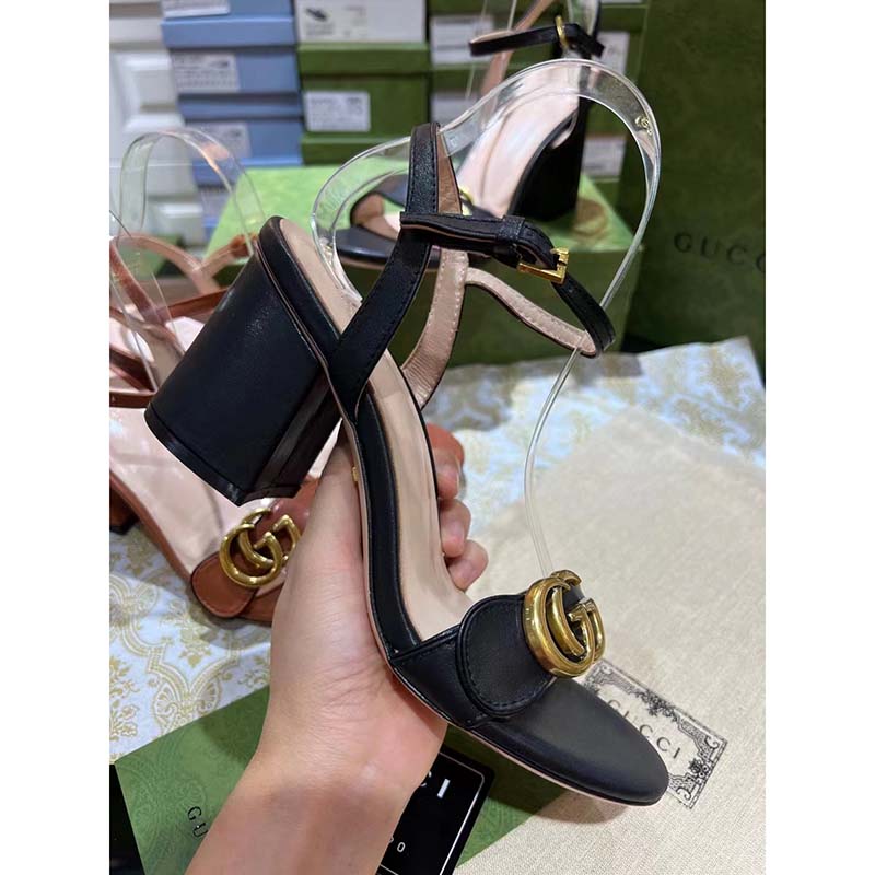 Gucci Women GG Leather Mid-Heel Sandal Black Double G 8 Cm Heel
