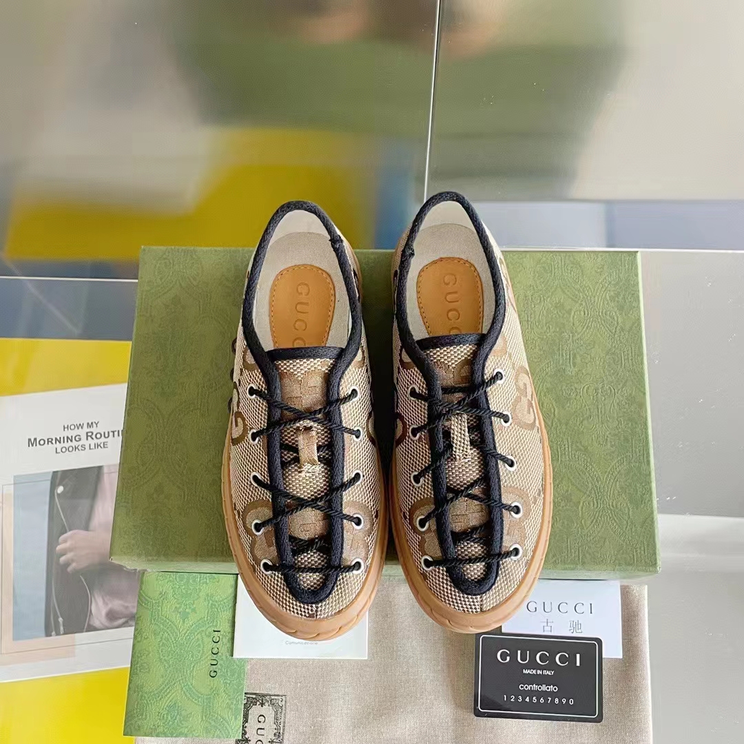Gucci Unisex Maxi GG Sneaker Camel Ebony Canvas Rubber Sole Flat