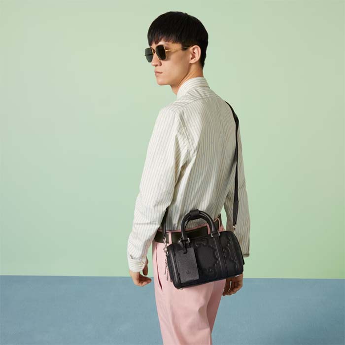 Gucci Unisex Jumbo GG Mini Duffle Bag Black Leather Double G Zip Closure