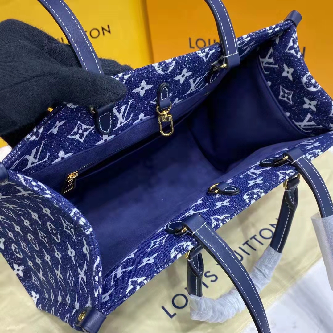 Louis Vuitton LV Unisex Onthego MM Tote Navy Blue Denim Jacquard Textile Calf