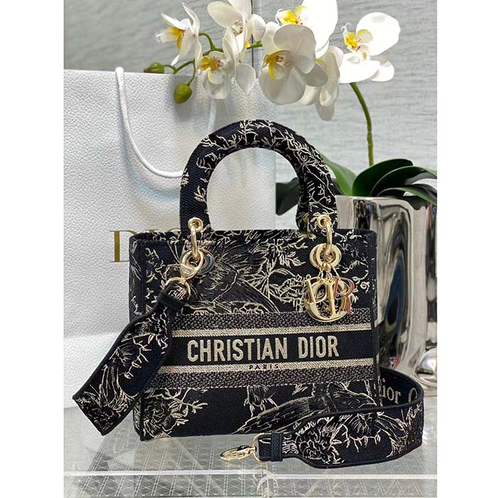 Dior Women CD Medium Lady D-Lite Bag Black Multicolor Jardin D’Hiver Embroidered Cotton