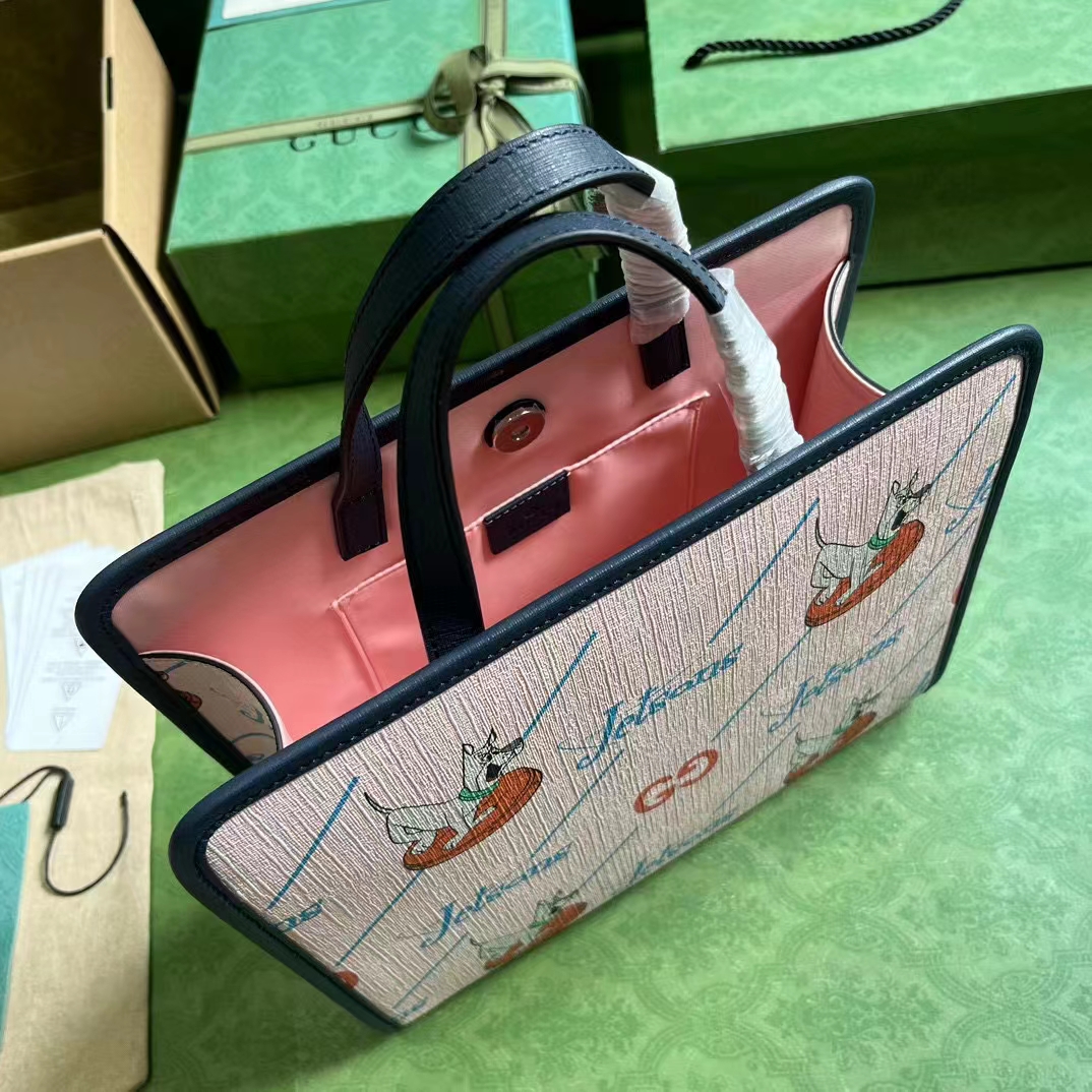 Gucci Unisex Printed Tote Bag GG The Jetsons Print Pink Blue Supreme Canvas