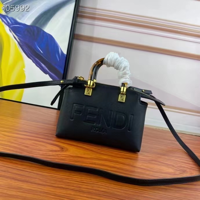 Fendi Women FF By The Way Mini Small Black Leather Boston Bag