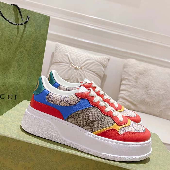 Gucci Unisex Sneaker Beige Blue GG Supreme Canvas Interlocking G 5.6 Cm Heel