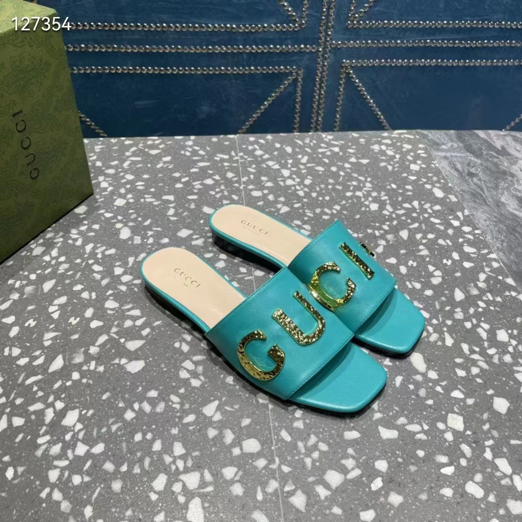 Gucci Women GG Slide Sandal Turquoise Leather Textured Logo Star Flat 1 Cm Heel