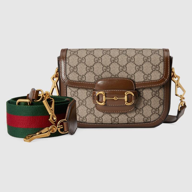 Gucci Women Horsebit 1955 Mini Bag Beige and Ebony GG Supreme Canvas