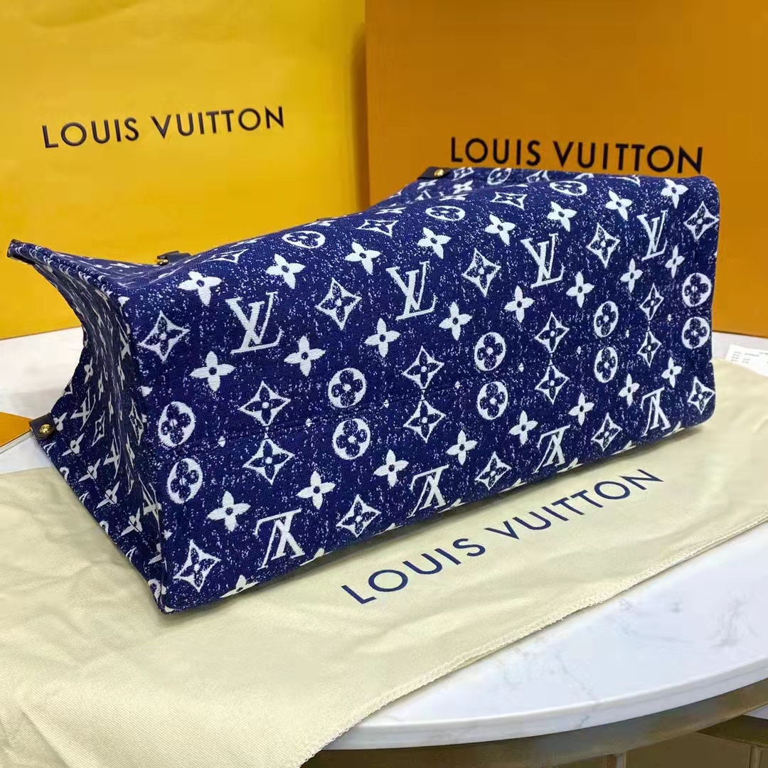 Louis Vuitton LV Unisex Onthego MM Tote Navy Blue Denim Jacquard Textile Calf