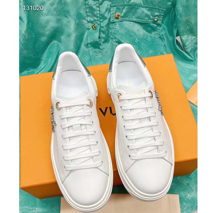 Louis Vuitton Unisex LV Time Out Sneaker Silver Calf Leather Strass Monogram Flowers