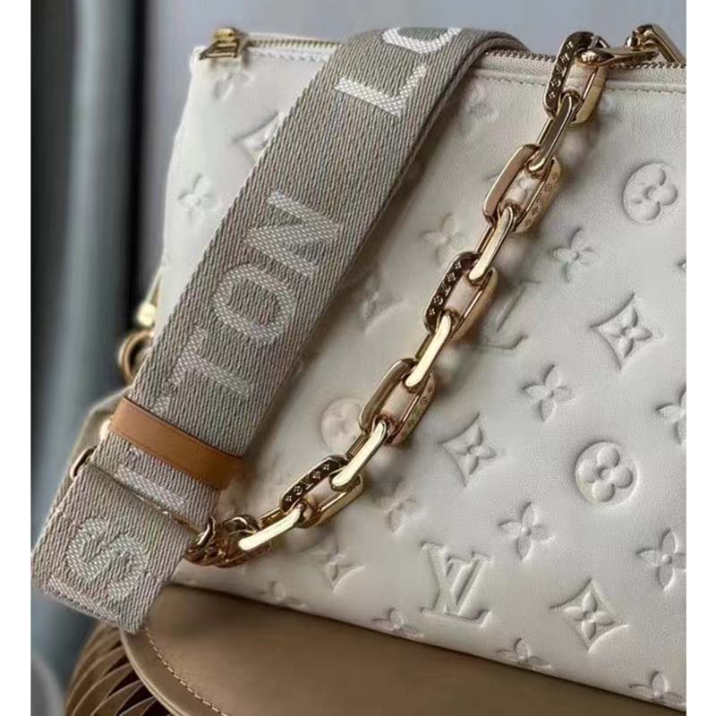 Louis Vuitton LV Women Coussin PM Handbag Cream Monogram-Embossed Puffy Lambskin Calfskin