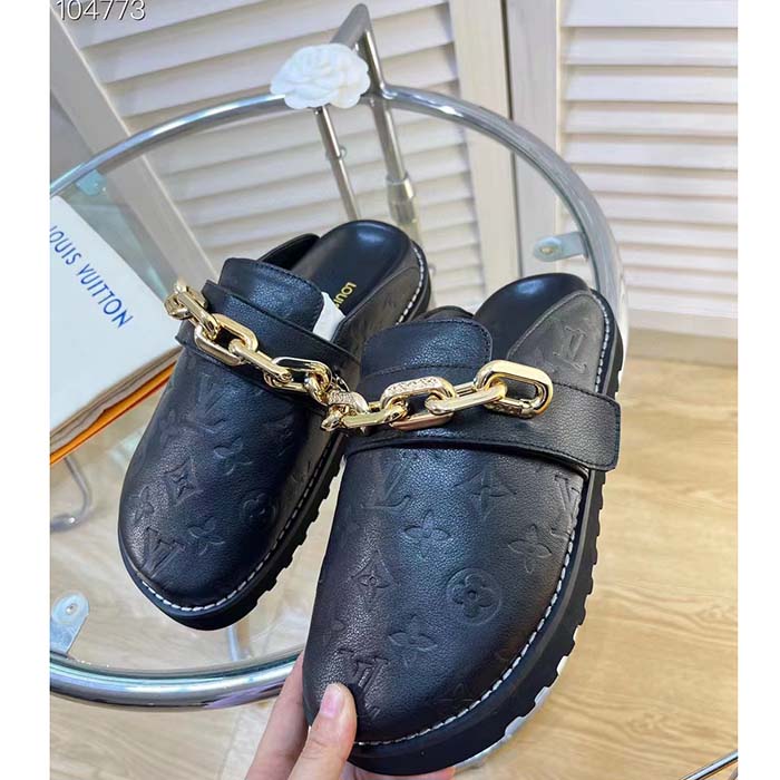 Louis Vuitton LV Unisex Cosy Flat Comfort Clog Black Monogram-Embossed Calf Leather