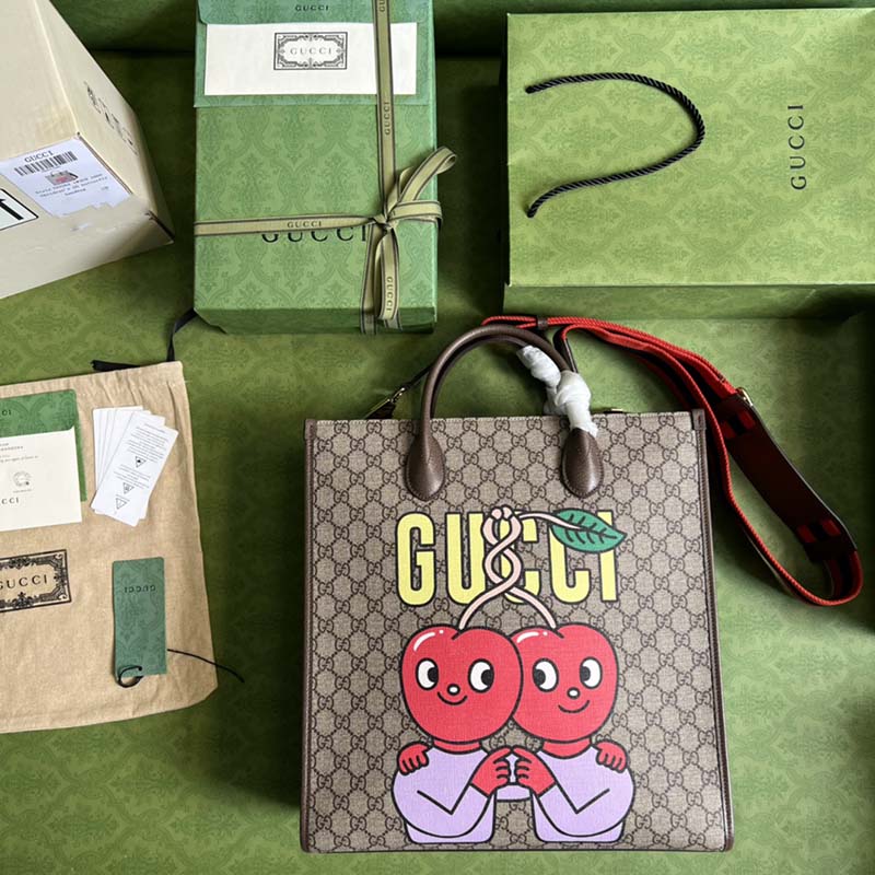 Gucci Unisex GG Cherry Print Medium Tote Beige Ebony GG Supreme Canvas