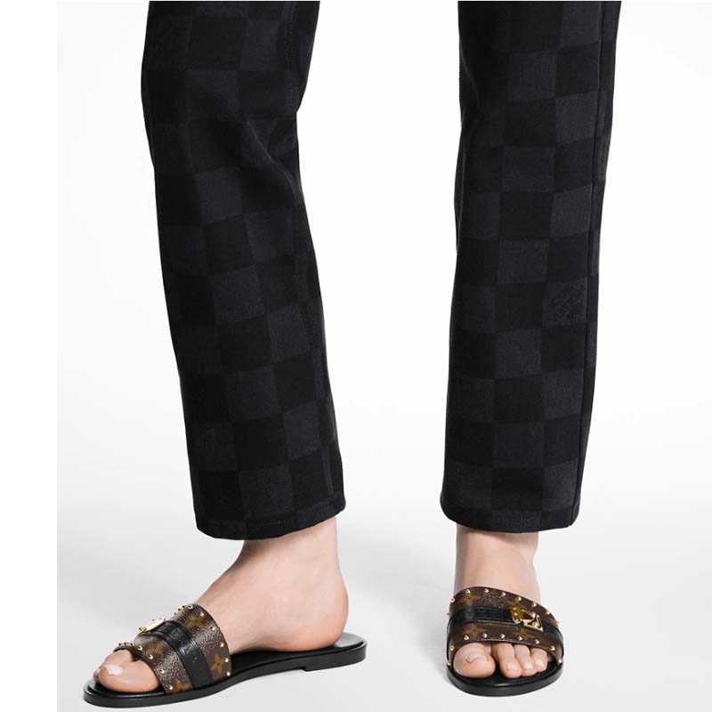 Louis Vuitton LV Women Lock It Flat Mule Black Patent Monogram Canvas