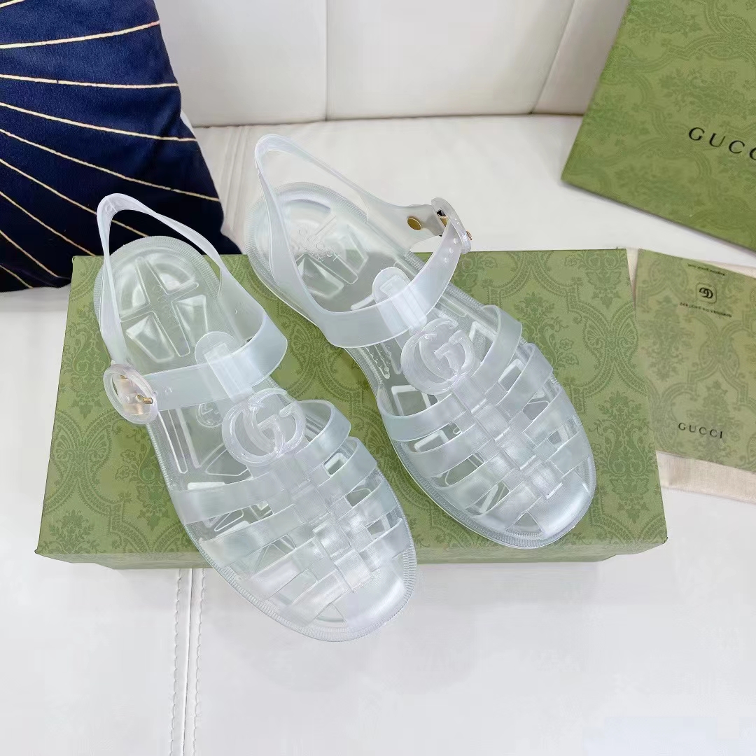 Gucci Unisex GG Sandal Double G Transparent Rubber Sole Ankle Buckle Closure Flat
